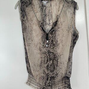 Calvin Klein Sleeveless, Snakeskin Print, Semi-Sheer Blouse,‎ V-Neck, Size Small